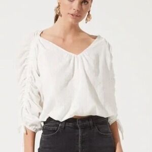 ASTR The Label Soft White Ruched Sheer Sleeve Blouse Size M